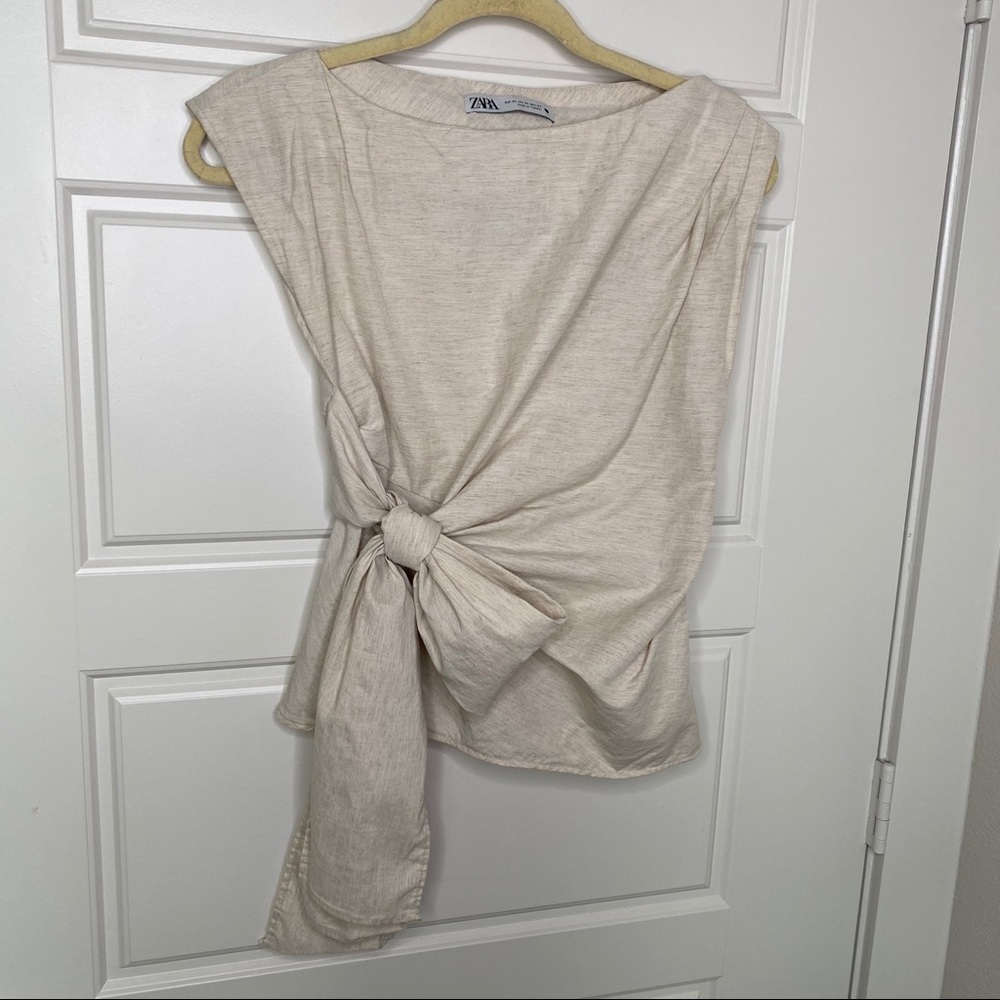 ZARA CREAM TIE FRONT MINIMALIST BLOUSE XS